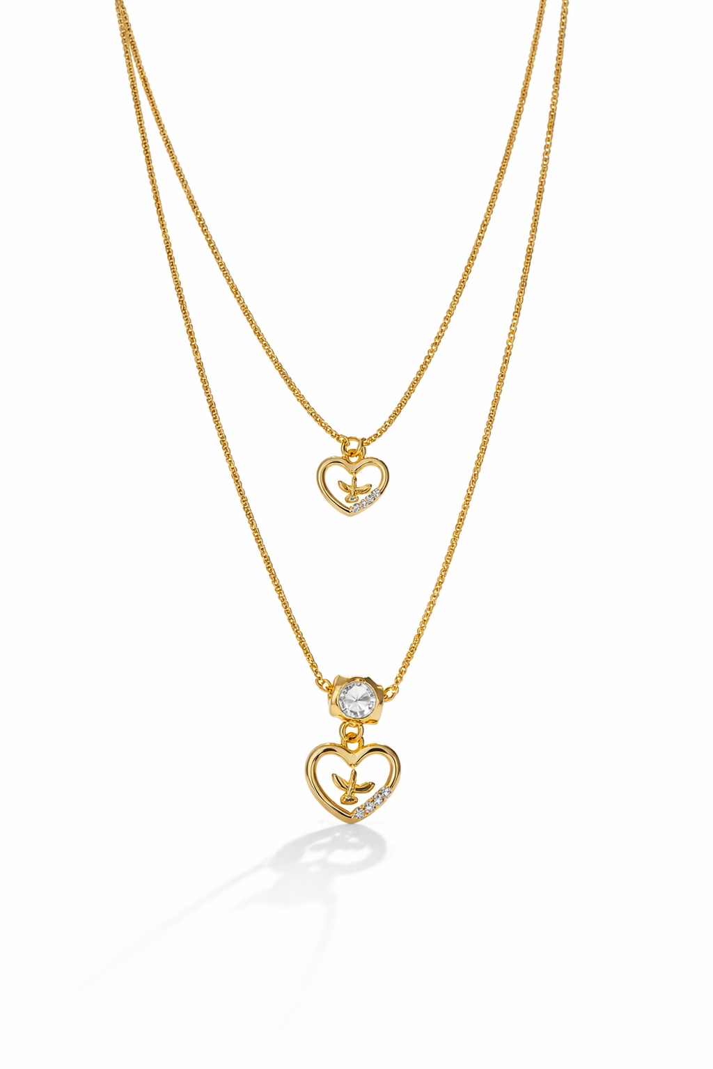 Colar Divine - Duplo Colar C/ Pingentes de Coração e Espírito Santo - Coleção Aurora - Banhado a Ouro 18k