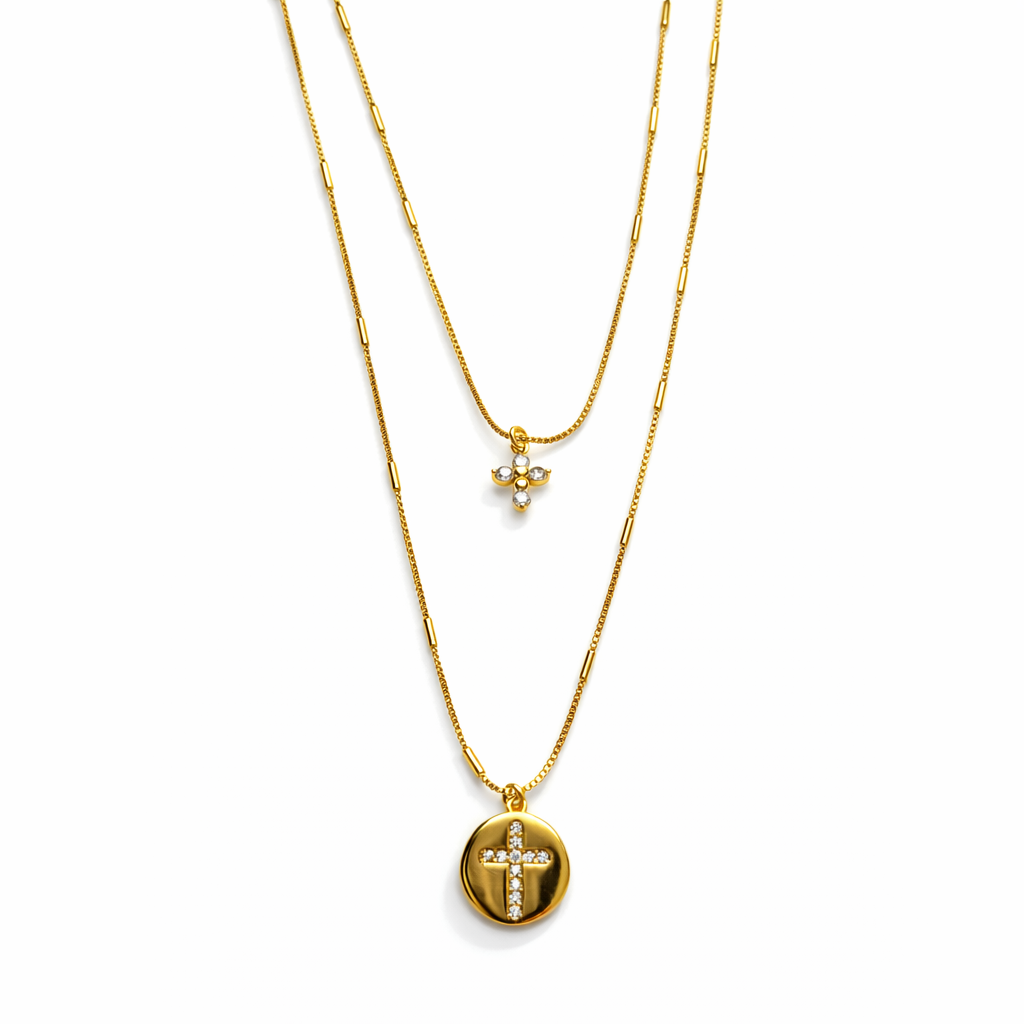 Colar Sublime - Duplo Colar C/ Pingentes de Cruz - Coleção Aurora - Banhado a Ouro 18k