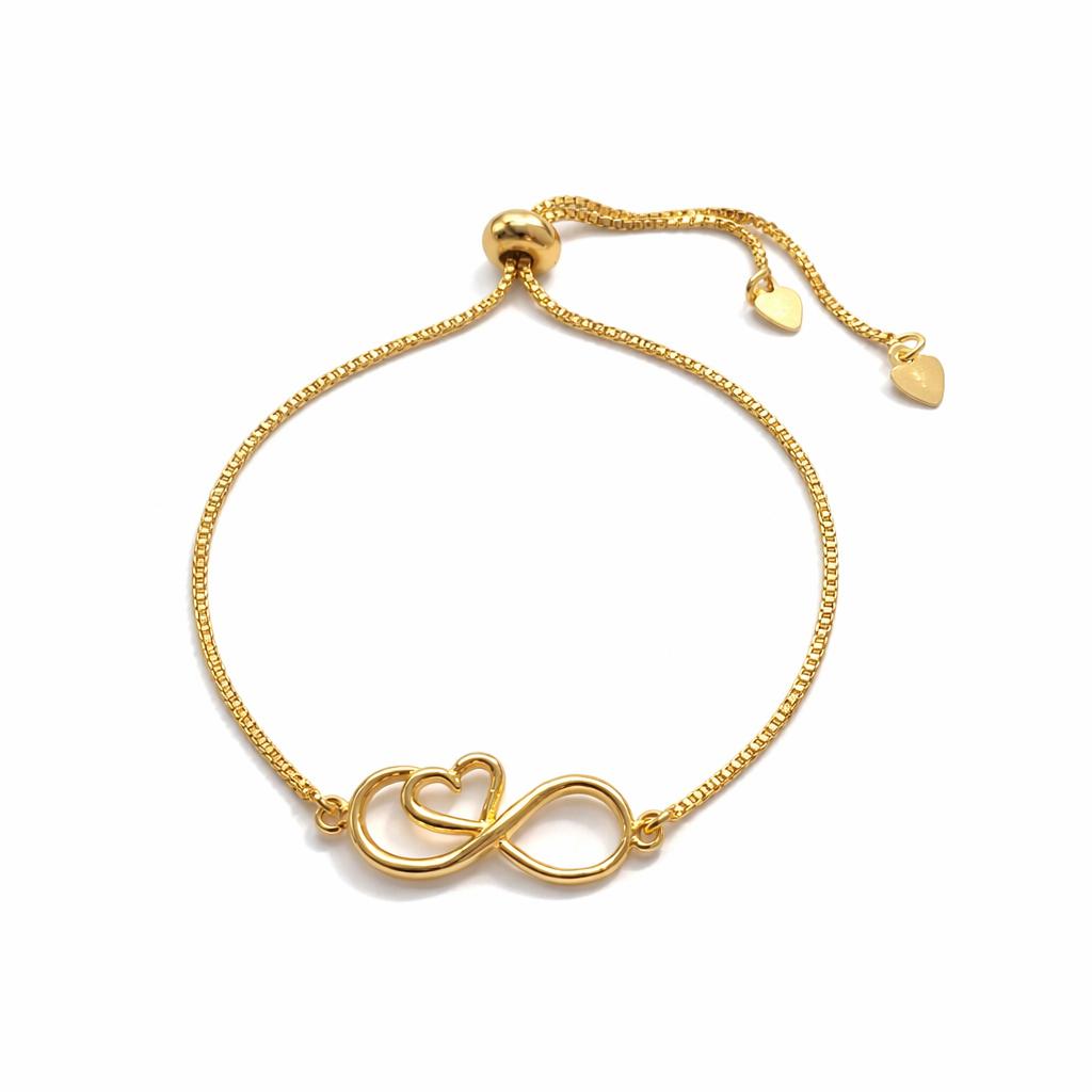 Pulseira Infinity - Símbolo do Infinito e Coração - Coleção Aurora - Banhada a Ouro 18k