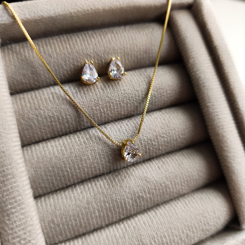 Conjunto Orvalho - Detalhado Com Zircônias  - Coleção Aurora - Banhado a Ouro 18k