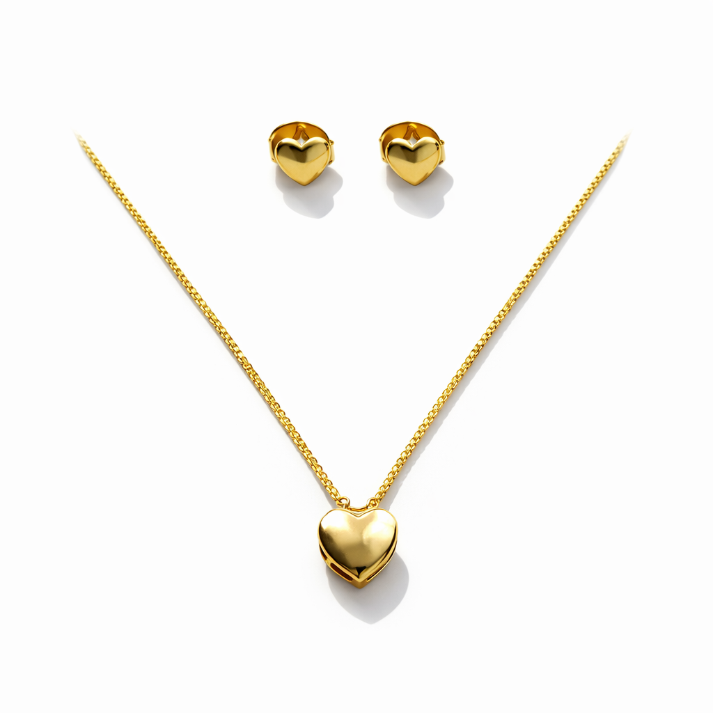 Conjunto Aurora - Detalhado Com Corações - Coleção Aurora - Banhado a Ouro 18k