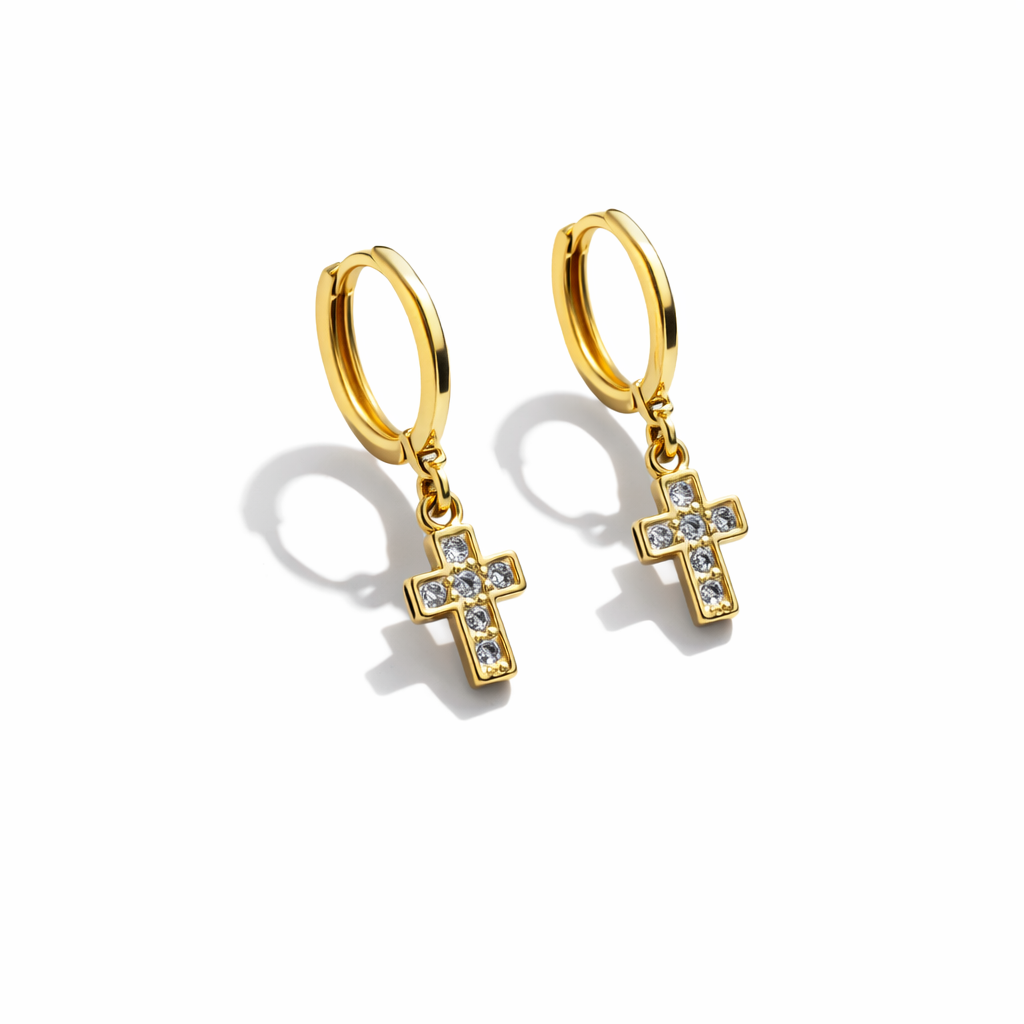 Argola Majestade - Detalhadas Com Pingente de Cruz - Coleção Aurora - Banhado a Ouro 18k